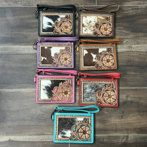 Branded Custom Hand Tooled Cowhide Leather Stylish <b>Credit</b> <b>Card</b> <b>Holder</b> Wallet Travel Shopping Use Zipper Closure Wallet for Women - Product Image 2