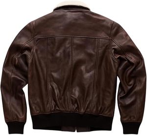 Men's Classic Brown Vintage Coated Leather Flight Bomber <b>Jacket</b> with Stand Collar and Front Logo - Product Image 2