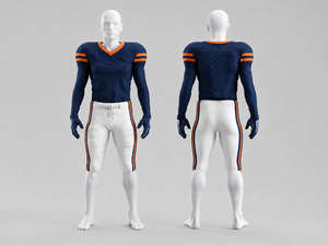 Uniforme de football américain personnalisé pour hommes, maillot bleu marine à col en V avec rayures orange, pantalon blanc, tissu respirant, coupe ajustée, manches longues - Product Image 1