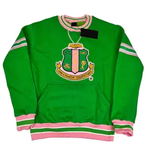 university Custom Embroidered High quality 100 cotton Sweatshirts Custom chenille patch green & pink sweatshirts