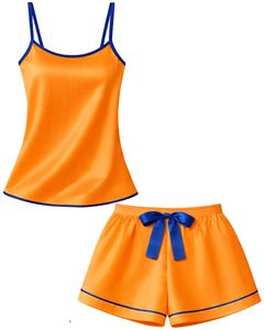 Orange Royal Blue Satin Women Pajama Set Silk Sleepwear <b>Spaghetti</b> <b>Strap</b> Cami And Shorts Soft Luxury Nightwear Summer Lounge Set - Product Image 1