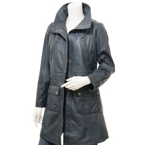 Women's Genuine <b>Leather</b> <b>Long</b> Utility <b>Jacket</b> With Stand Collar Zipper Closure Full Sleeve Windproof Winter Wear - Product Image 1