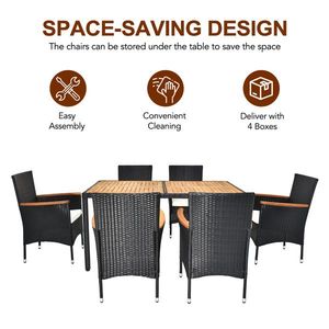 7-Piece Acacia Wood Table Top Rattan Chair Patio Dining Set with Soft Seat Cushions Outdoor Garden Conversation Set - Product Image 2