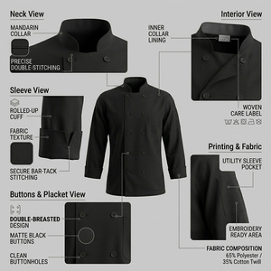 Reddito Black Mandarin Collar Double Breasted Chef <b>Jacket</b> <b>Men</b> Workwear Style Regular Fit Polyester Solid Color <b>Long</b> Sleeve - Product Image 5