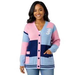Jack and Jill Women Color <b>Block</b> Knit Cardigan Pink Blue Navy V Neck Button Front Long Sleeve Sweater with Pockets Casual Fashion - Product Image 1
