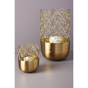 Handcrafted Gold Metal Scalloped <b>Lantern</b> <b>Set</b> Decorative Iron Tealight Candle Holders With Art Deco Arch Design For Luxury Home - Product Image 1