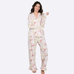 Women's Cotton Printed Pajama Set Full Sleeve V-Neck Long Pants Loose Fit Character Pattern Breathable Spring Casual Sleepwear - Product Image 3