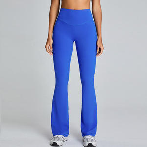 High Waist Flared <b>Leggings</b> Women Solid Blue Stretch Knitted Full Length Breathable Comfortable Push Up Yoga Pants - Product Image 6
