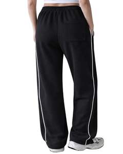 กางเกงวอร์มขายาวสีดำสนิทสำหรับผู้หญิง ทรงขากว้าง ผ้าฟลีซ แต่งแถบข้างเอว ยางยืดพร้อมเชือกผูกเอว สวมใส่สบายทรงหลวม กางเกงจ็อกเกอร์ลำลอง ชุดลำลอง - Product Image 2