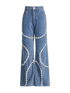 Women's Blue Wide Leg <b>Jeans</b> High Waist Rhinestone <b>Chain</b> Decorated Baggy Straight Denim Pants Streetwear - Product Image 6