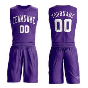 Solid Purple Color Basketball Jersey Set Team Name Number In <b>White</b> Color Sublimated <b>Waterproof</b> Anti-Pilling Unisex Athletic Fit - Product Image 1