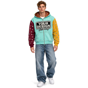 Men's Distressed Custom Embroidered Heavyweight Colorblock Zip Up <b>Hoodie</b> Cotton Streetwear Urban Casual Fashion Jacket - Product Image 4