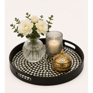 Round Metal Serving <b>Tray</b> With Polished Dot Pattern Modern Design Durable <b>Black</b> Finish - Product Image 2