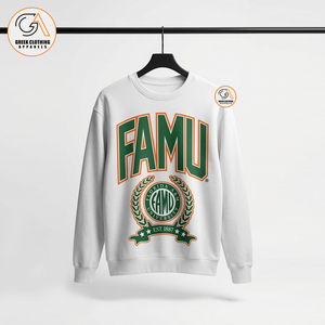 โลโก้แบบกำหนดเองสำหรับเสื้อสเวตเชิ้ต FAMU สีเขียวส้ม คอโอเวอร์ไซส์ หนัก 370 กรัม ยูนิเซ็กส์ สไตล์วิทยาลัย สตรีทแวร์ ผ้าฝ้าย 100% - Product Image 1