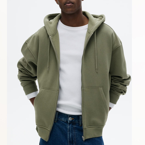 Sudadera con Capucha y Cierre para Hombre, Color Verde Oliva, Corte Holgado, Informal, de Algodón Tejido, Color Sólido, Transpirable, para Otoño - Product Image 1