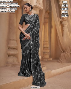 Adhyaay Blue Georgette Saree With Sequin Work <b>Blouse</b> Wedding Party Wear Women Indian <b>Sari</b> Regular Fit Floor Length - Product Image 3