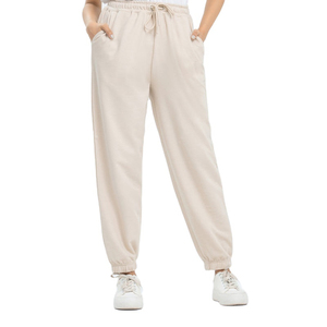 Women's Beige Harem Pants Mid <b>Waist</b> Drawstring Loose Fit Ankle-Length Solid Color Casual Spring Wear Knitted Cotton - Product Image 3