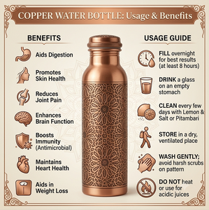 Botella de Cobre Puro con Beneficios para la Salud, Hecha a Mano en India, Diseño Clásico - Product Image 4