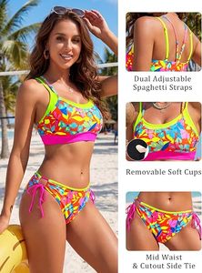Ensemble bikini deux pièces à fleurs pour femmes, haut push-up, bas à nouer sur les côtés, maillot de bain avec bordure contrastée - Product Image 5