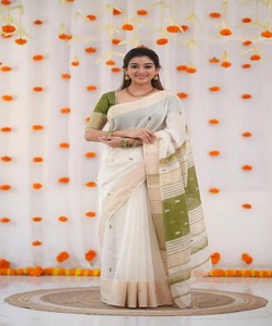 Sari tradicional indio de algodón con borde verde y rayas para bodas, sari largo hasta el suelo para mujer - Product Image 3