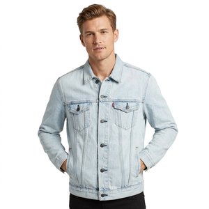 Chaqueta de mezclilla tejida azul claro lavada para hombre, estilo casual, con cuello vuelto, cierre de cremallera, bolsillos, talla grande, Bangladesh - Product Image 1