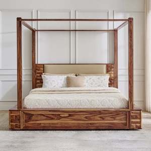 Solid Wood King Canopy <b>Bed</b> Teak Upholstered Headboard Traditional Design Four Poster <b>Frame</b> - Product Image 2