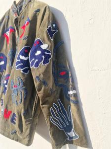 Veste élégante en velours kaki brodée de motifs de crânes et de fantômes, style Suzani, à manches longues, col montant, style bohème, pour femme, vêtement d'extérieur d'hiver - Product Image 4