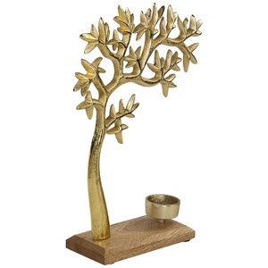 Luxury Gold Tree of Life Candle Holder Metal Botanical <b>Tealight</b> Stand on Mango Wood Base Elegant Nature-Inspired Home Decor - Product Image 3