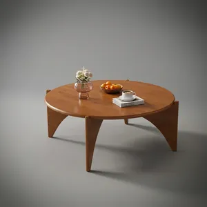 Modern Round Walnut <b>Coffee</b> <b>Table</b> with Curved Tapered <b>Legs</b> <b>for</b> Living Room Lounge and Contemporary Decor Furniture Design - Product Image 1