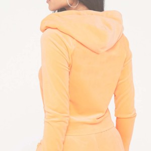 Sudadera Corta con Capucha y Cierre de Cremallera para Mujer, Color Naranja Sólido, Manga Larga, Tejido de Algodón y Fibra de Bambú, para Otoño, con Acabado de Terciopelo - Product Image 4