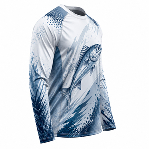 Chemise de pêche professionnelle à manches longues pour homme, séchage rapide, imprimé poisson, protection anti-UV, design par sublimation, bleu et blanc, UPF 50, coton - Product Image 3