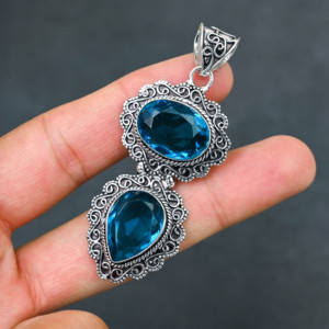 <b>Top</b> Quality Sparkling LAB-CREATED Glamorous Hot Selling Blue Topaz Solid 925 Sterling <b>Silver</b> Plated Designer 2.20" Pendant Women - Product Image 4