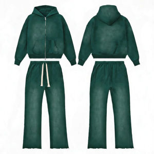 Ensemble de jogging 2 pièces personnalisé avec logo, sweat à capuche et pantalon 100 % coton, imprimé délavé vintage, sweat à capuche entièrement zippé et pantalon évasé - Product Image 1