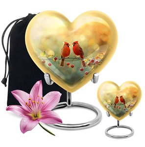 Support décoratif en or en forme de cœur avec motif d'oiseaux cardinaux pour la décoration de la maison, magnifiques urnes en forme de cœur pour les cendres humaines adultes - Product Image 3