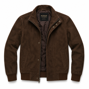 Winter Brown <b>Suede</b> <b>Men's</b> Casual Bomber <b>Jacket</b> Stand Collar Zipper Closure Windproof Breathable Quick Dry Eco-Friendly - Product Image 1