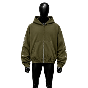 Sudadera con capucha verde oliva extragrande con cremallera, atemporal, moderna, lisa, para exhibición frontal en maniquí, catálogo de comercio electrónico, boutique. - Product Image 1