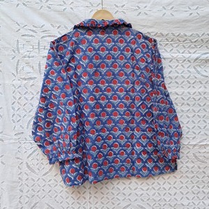 Ethnic Floral Block Print Cotton Womens Pajama Set Ruffle Collar Shirt Ruffle Hem Shorts Blue Red Artisan Sleepwear Two Piece - Product Image 2