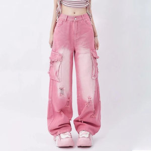 Jean en denim de coton délavé à effet dégradé, coupe ample taille mi-haute, couleur personnalisée, pour femme, style streetwear décontracté d'hiver, séchage rapide - Product Image 1