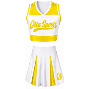 Ensemble d'uniformes de cheerleading sublimés blancs et jaunes sans manches – Haut et jupe athlétiques pour l'entraînement, la performance et la compétition - Product Image 1