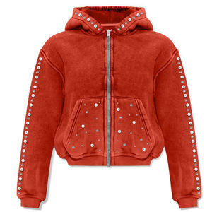 Sweat-shirt à capuche unisexe personnalisé, épais, gris délavé à l'acide, avec fermeture éclair, style vintage numérique, effet délavé, orné de strass et de manches cloutées, pour l'hiver - Product Image 4