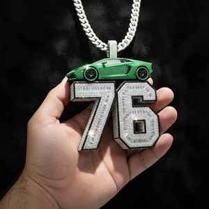 Colgante de cristal con diamantes de imitación tematizados, amuleto para coche con el número 76, estilo hip-hop para hombre, chapado en plata, regalo - Product Image 2