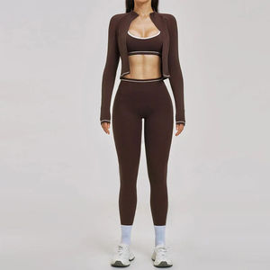 Ensemble de yoga 2 pièces pour femme : Crop top et leggings taille mi-haute, couleur unie, rayé, en spandex, sans couture, taille élastique, longueur intégrale, tenue de sport - Product Image 2