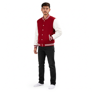 Chaqueta Varsity para Hombre en Color Rojo con Bloques de Color, Mangas Blancas, Cuello a Rayas, Cierre de Botones, Estilo Deportivo - Product Image 2