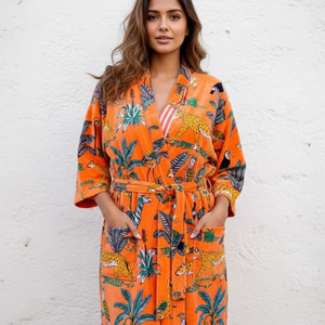 Robe en velours kimono pour femme, col en V, fermeture à cordon, longue, manches longues, imprimé, style élégant, hiver/automne - Product Image 1