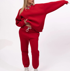 Survêtement en coton rouge pour femme, col rond, manches longues, coupe ample, logo imprimé par transfert thermique, tenue décontractée pour l'automne - Product Image 5