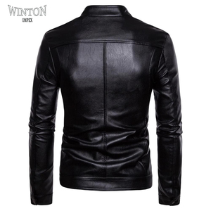 Men Genuine Leather Winter Breathable Stand Collar <b>Zip</b> <b>up</b> Biker Coat Black Regular Fit Custom OEM Service - Product Image 3