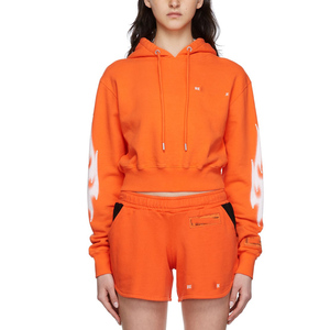 Ensemble short et sweat à capuche en polaire orange pour femme, manches longues, imprimé streetwear, printemps-été, deux pièces, crop top avec poche - Product Image 1