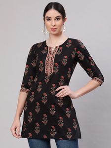 Trendy Women Wear Cotton Short Kurtis With Blue And Brown Floral Print Regular Fit Casual Traditional <b>Top</b> For All Seasons Tunic - Product Image 3