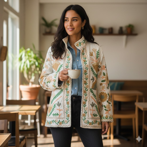 Chaqueta de Algodón Hecha a Mano de Primera Calidad, Bordado Floral a Mano, Obra Maestra para Mujer, Manga Larga, Bolsillos Laterales, Abrigo Estilo TNT Heritage - Product Image 2