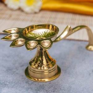 Antique Finish <b>Brass</b> Oil Lamp Set with Ornamental Back Design, Multi Diya Stand for Puja, Temple Decor and Festive Lighting Use - Product Image 5